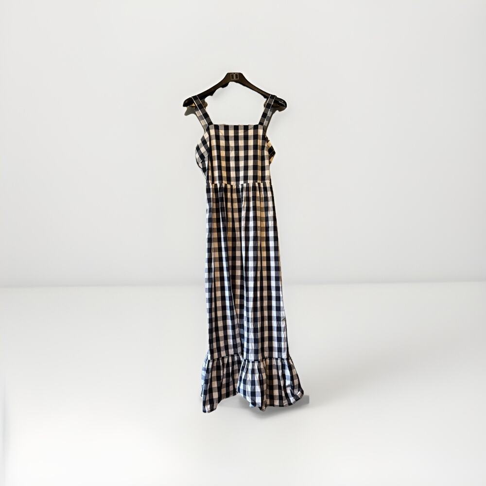 J. CREW Gingham Tiered Maxi Dress Cotton Navy White Size S Prairie Cottagecore